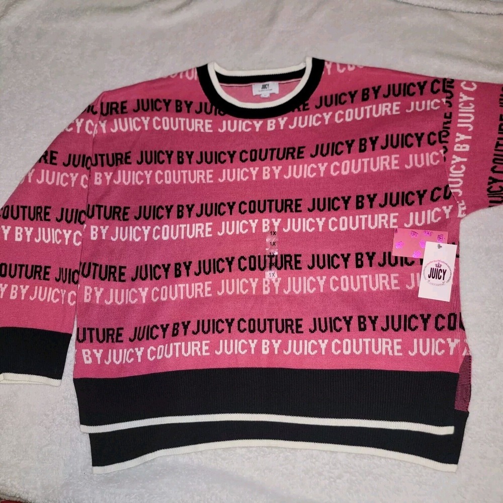 NWT Juicy By Juicy Couture Women Crew Neck L/S Preppy Pink Black Sweater Size 1X